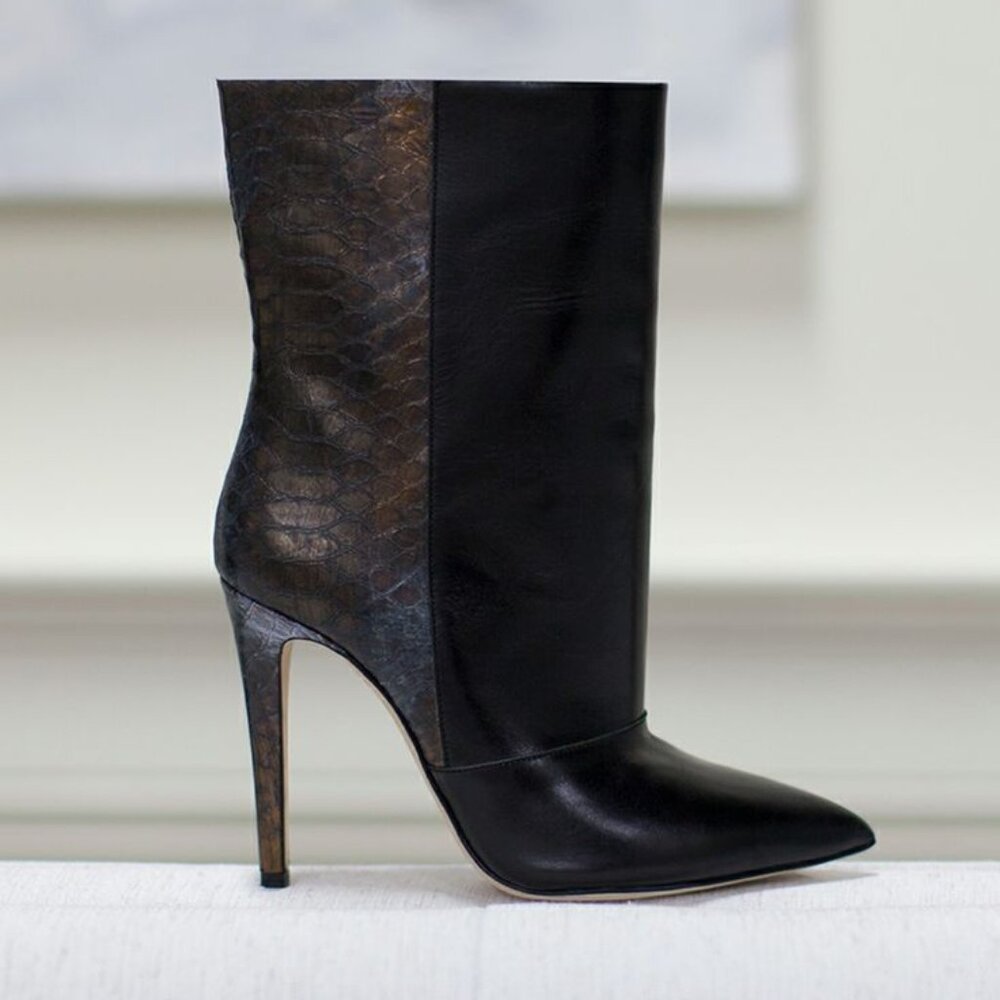 Emerson Fry Leather Black  Metallic Bronze Croc Embossed Snake Boots